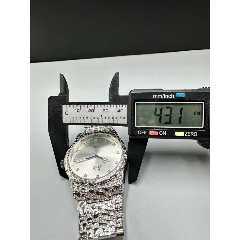 Ice Star Watch Men Silver Tone Nugget 43MM Round New Battery 8.5 Inch